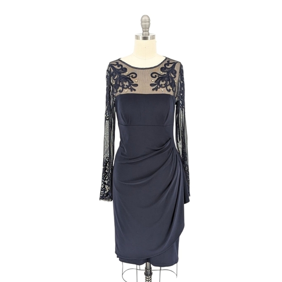 01384 Xscape Embroidered Bejeweled Ruched Knit Dress Navy Blue 4 party cocktail - Picture 1 of 9